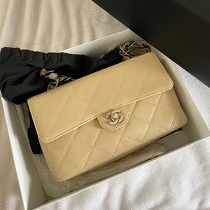 Chanel Acrylic Chain Classic Single Flap Beige Calfskin
